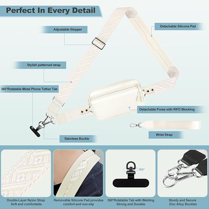 Clip and Go Strap for Phone with Wallet Crossbody, Adjustable Phone Lanyard with Detachable RFID Wristlet Wallet, Pattern Strap - Cream (L)