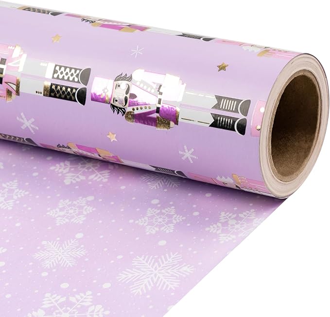 RUSPEPA 30" X 32.8' Reversible Christmas Wrapping Large Paper Roll, Jumbo Roll, Gold Foil Purple Nutcracker Soldier and Snowflakes Design Gift Wrap for Girls, Women, Family, Xmas Holiday Gifts
