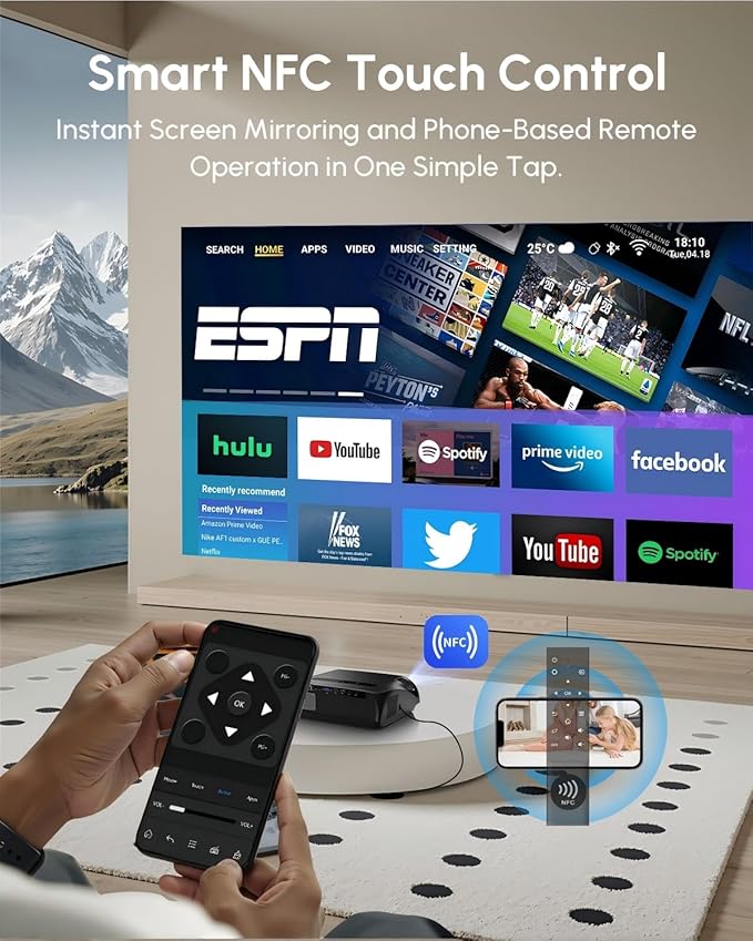 Smart 4K Projector 1800ANSI Lumens for Daylight Viewing,WiFi6/Bluetooth 5.2/NFC,300" Home Theater Outdoor Movie Projector with YouTube Apps,5G Streaming,HDR,Full HD Cinema Gaming Entertainment