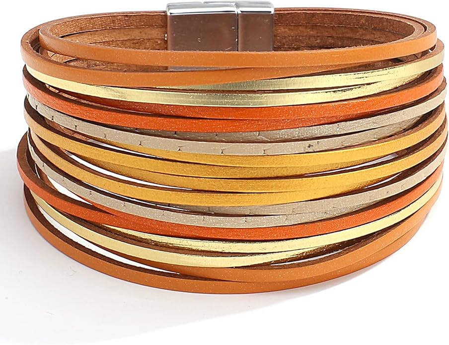 Fesciory Leather Wrap Bracelets for Women, Boho Leopard Multi-Layer Crystal Beads Cuff Bracelet Jewelry