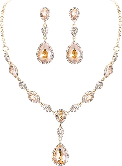 EleQueen Women's Cubic Zirconia Teardrop Y-Necklaces Dangle Earrings Jewelry Sets for Brides Bridesmaids