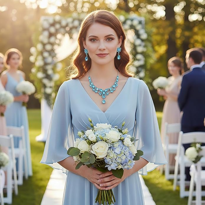 Hicarer Bridal Teardrop Cluster Crystal Jewelry Set for Women Necklace Earrings Wedding