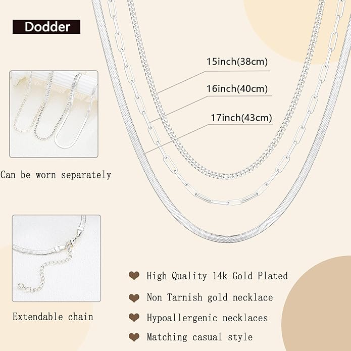 Gold Layered Necklaces for Women, 14K Gold Plated Dainty Gold Chain Choker Necklace Stack, Herringbone Gold Necklaces Set