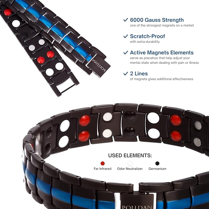 POLLDAN® 3X Power Magnetic Bracelets For Men | 6200 Gauss Strength Mens Titanium Bracelet with Fold-Over Clasp, Adjustable Length, Gift Box, Sizing Tool | Innovative Magnets Alloy - Patent