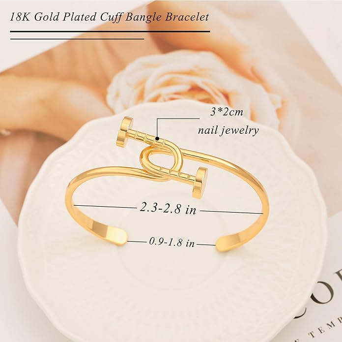 PERNNLA PEARL Dainty Gold Bar Bracelet for Women Simple Delicate Thin Cuff Bangle Hook Bracelet 18K Gold Plated Handmade Minimalist Jewelry