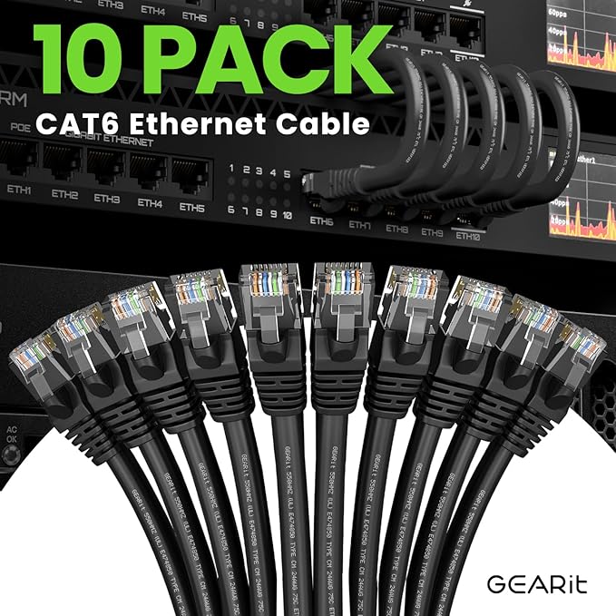 GEARit Cat 6 Ethernet Cable Pack - 10-Pack 7 ft Cat6 Ethernet Patch Cables | RJ45 Network Patch Cable, 10 Gbps Snagless Gold-Plated Connectors - Ethernet Cable Cat 6 for PC, TV, Router - Black