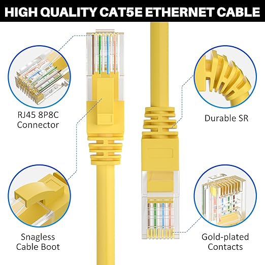 Cat5e Ethernet Cable 100 FT, Long Cat 5e Internet Cable, Yellow Snagless Patch Cord, Flexible, Network, LAN, PoE, Standard RJ45 Connector for PC, Server, Router, Modem, TV, PS5 - with 15 Cable Ties