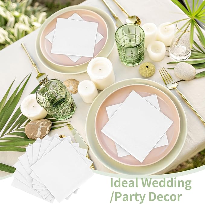 100 Pack Cocktail Napkins Disposable, 2-Ply 5" x 5" Party Napkins, Square Beverage Dinner Napkin for Wedding Birthday Party Anniversary Reception Bar Event (White)