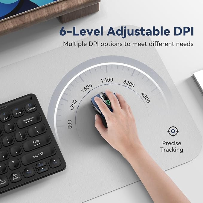 Bluetooth Mouse (BT5.0/3.0 & 2.4G) Rechargeable Wireless Mouse, 4800 DPI Optical Tracking, 6 Adjustable DPI, 2.4GHz with USB A Receiver, Quiet Clicks, Ergonomic Grips, 6 Buttons - Blue