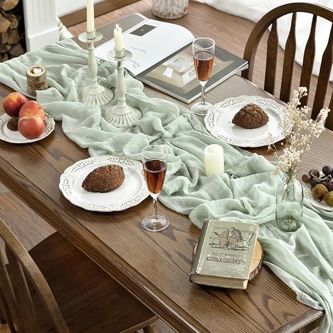 Artoid Mode Boho Cheesecloth Gauze Sage Green Wedding Table Runner, 160 Inch Seasonal Fabric Kitchen Dining Holiday Table Decor for Home Party Indoor