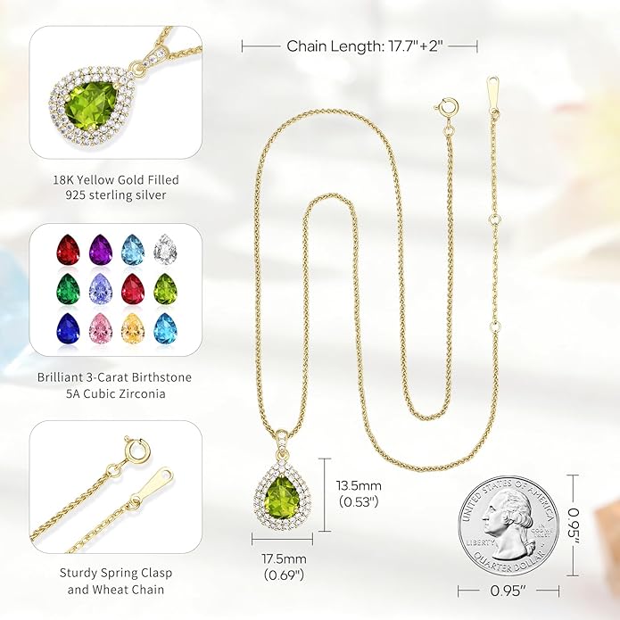 Valentine's Day Gift for Wife/Her-18K Gold Plated Teardrop Birthstone Necklace- with Light-Up Gift Box,Jewelry for Women,Anniversary Birthday Gifts for Women Her Wife Girlfriend Mom,Womens Jewelry