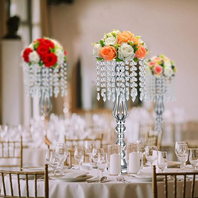 16 Pcs Wedding Centerpieces for Tables, Gold Silver Vase Centerpiece with Chandelier Crystal Metal Flower Stand, Tall Flower Vases for Wedding Party Home Decoration(Silver,21.3)