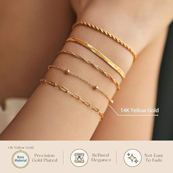 adoyi Valentines Day Gifts for Her Gold Bracelets for Women, 14K Gold Plated Stackable Bracelet Stack Set Adjustable Charm Paperclip Chain Cuban Link Layered Waterproof Jewelry Sets Gifts for Womens
