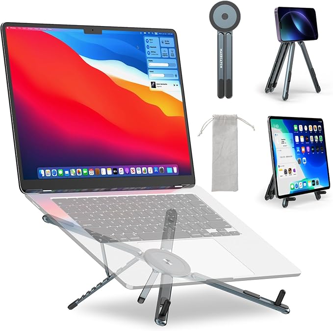 Adjustable Laptop Stand for Desk, Magnetic Phone Holder with Magsafe Compatibility, Portable Foldable Computer Riser for MacBook, iPhone, iPad, Tablet - Perfect for Office, Home, Traveling