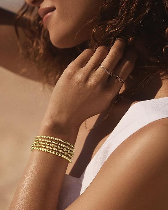 Howoo Gold Bracelets for Women Beaded Initial Bracelet Stack Dainty Heart Stretch Gold Charm Bracelet Jewelry for Women Trendy