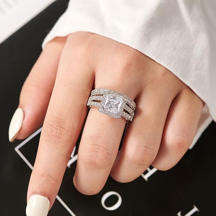 Wuziwen Princess Cut Engagement Rings for Women Sterling Silver Cubic Zirconia Wedding Bridal Ring Set