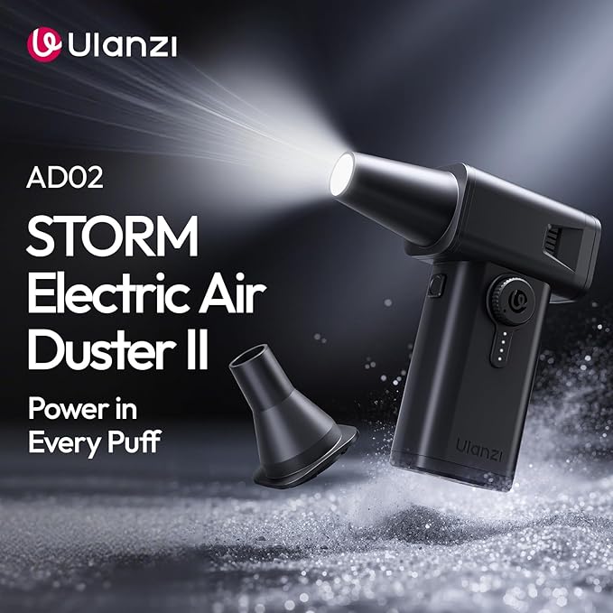 ULANZI AD02 Storm Electric Air Duster V2, 13W High-Speed Compressed Air Duster, 12.5W Fast Charge, Variable Speed, with 200-Mesh Filter & LED Light, Portable Mini Dust Blower for Camer Cleaning