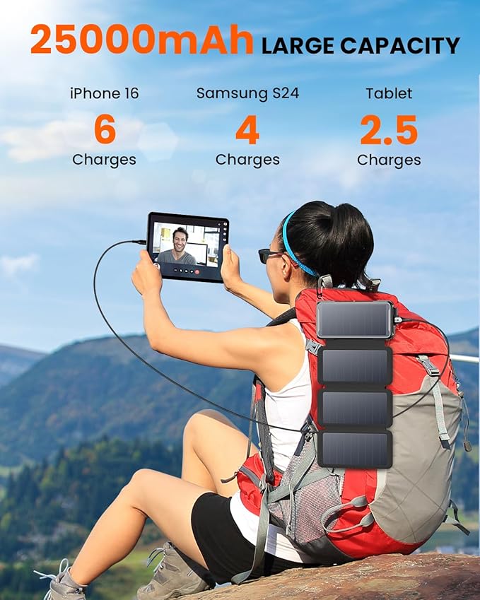 SOARAISE Wireless Solar Power Bank, 25000mAh Solar Charger with Built-in 3 Cables, Dual Outputs, 4 Solar Panels & 3 LED Flashlights, Portable Phone Charger for Outdoor Camping（Black）