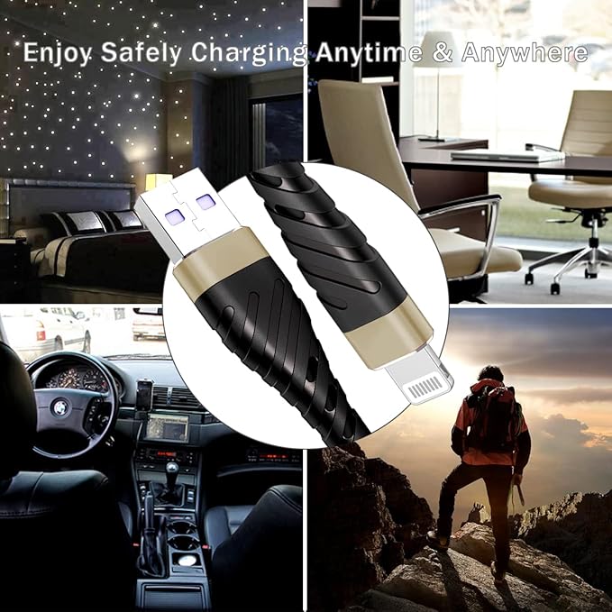OIITH MFi Certified for iPhone Charger Cable 3 Pack 6 Ft, Long for Lightning Charging Cord, Fast 2.4A for iPhone USB Cord Compatible with iPhone12/11/XS/Max/XR/X/8/8P/7P/6/iPad - Gold