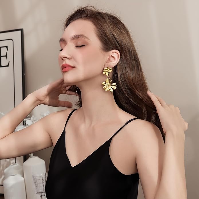 Gold Flower Statement Earrings for Women, Large Chunky Bohomian Summer Beach Floral Earring, Irregular Bold Exaggerated Earrings