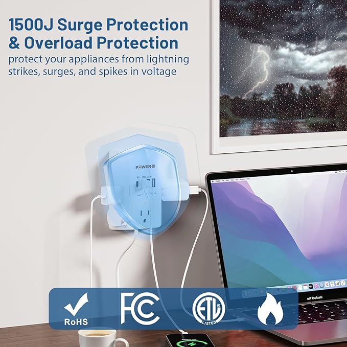 20W PD Fast Charging Wall Outlet with USB Ports (2C2A), Electrical Outlet Extender with Night Light, Surge Protector, Wall Plug Adapter for Multiple Devices, Wall Socket Expander