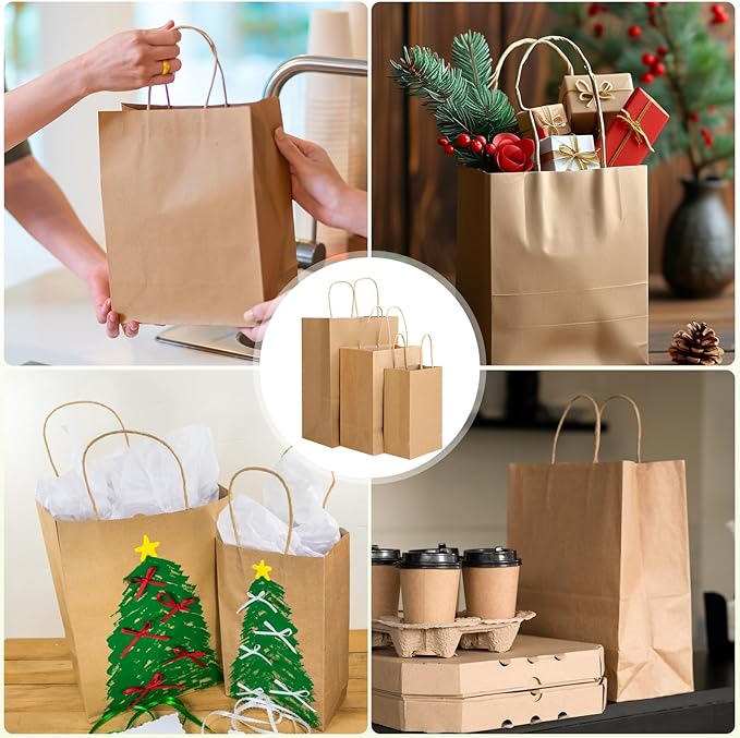 XPCARE 100PCS Brown Paper Bags with Handles, Three Different Sizes of Bulk Brown Gift Bags 5.25x3.25x8.25 & 8x4.5x10 & 10x5x13 Inch Grocery Retail Kraft Paper Bags for Party Birthday Shopping Takeaway