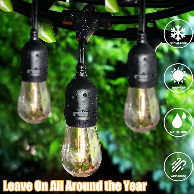 Lakumu Outdoor String Lights 96FT(48×2), Commercial Grade Heavy Duty Patio Lights with Dimmable S14 Shatterproof LED Bulbs, Linkable Waterproof Bistro Lights for Outside Deck Backyard Cafe Market