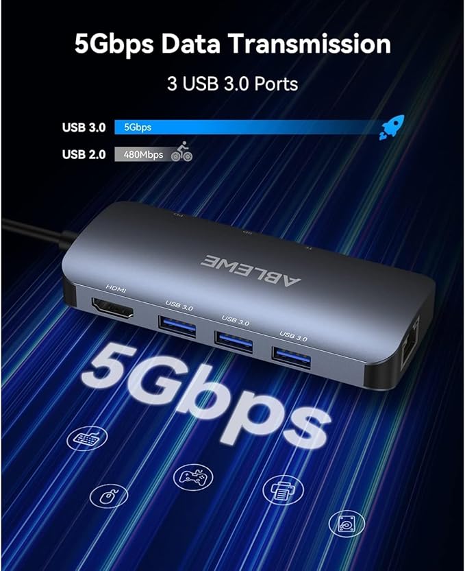 ABLEWE USB C Hub Ethernet, 8 in 1 Multiport USB C to HDMI Adapter 4K@60Hz,1000Mbps, 100W PD, SD/TF Card Reader, 3 USB 3.0 Ports, Docking Station Compatible for MacBook, Tablet, Phone, Type C Devices