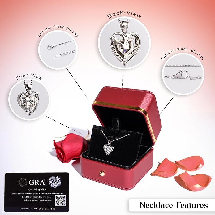Auravibes Moissanite Heart Necklace for Women, 2-Carat Real Sterling Silver Pendant with “I Love You” Engraving, Valentine’s Day, Anniversary, Birthday or Christmas Gift for Wife, Girlfriend, Mom