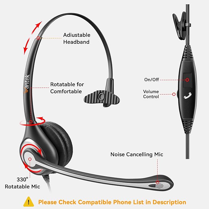 Wantek Cell Phone Headset Mono with Noise Canceling Mic, Wired Computer Headphone for iPhone Samsung Huawei HTC LG ZTE BlackBerry Smartphones and Laptop PC Mac Tablet with 3.5mm Jack(F600J35)