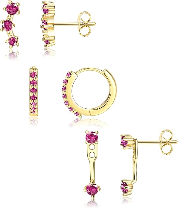 FIASASO 3 Pairs 925 Sterling Silver Hypoallergenic Earrings for Women Trendy - 14K Gold Plated Stud Hoop Cartilage Earrings Set Small Earring Stacks for Sensitive Ears Non Tarnish Dainty Silver Earring