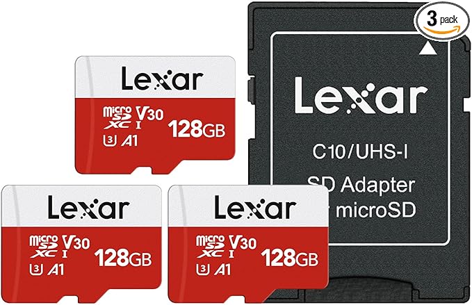 Lexar E-Series 128GB Micro SD Card 3 Pack, microSDXC UHS-I Flash Memory Card with Adapter, 100MB/s, C10, U3, A1, V30, Full HD, 4K UHD, High Speed TF Card