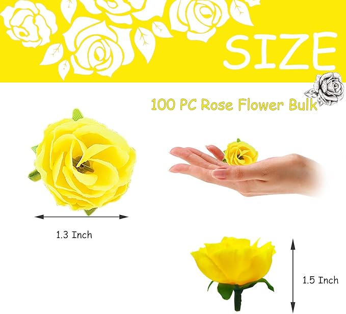 100pcs Yellow Roses Artificial Flowers,Artificial Yellow Roses Bulk,Yellow Silk Rose for Decations,Fake Yellow Rose for Wall DIY Party Decoration (1.3 Inch)