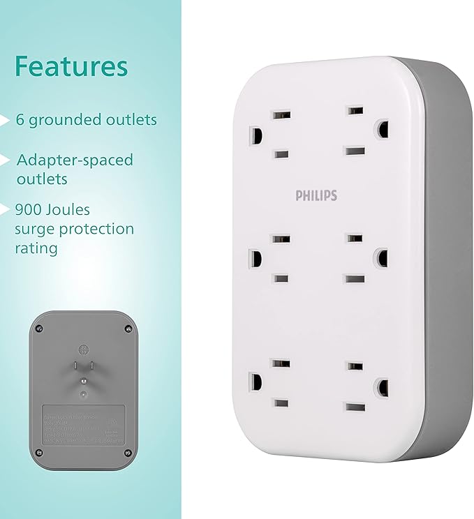 Philips EZFit 6-Outlet Surge Protector Outlet Extender, Wall Tap, Grounded Widely Spaced Outlets, 900 Joules, for Home Office Dorm Essentials, White, SPP6602W/37