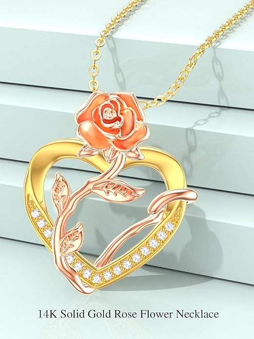 14K Solid Gold Rose Flower/Sunflower Necklaces for Women Flower Heart Pendant Necklace Love Sunshine Jewelry Anniversary Valentine's Day Birthday GiftS for Women Wife Girlfriend Her Mom
