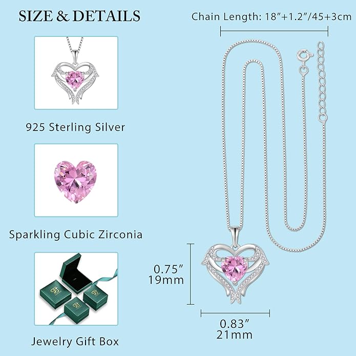 FJ Heart Angel Wings Pendant Necklace 925 Sterling Silver Birthstone Jewelry Gifts for Women