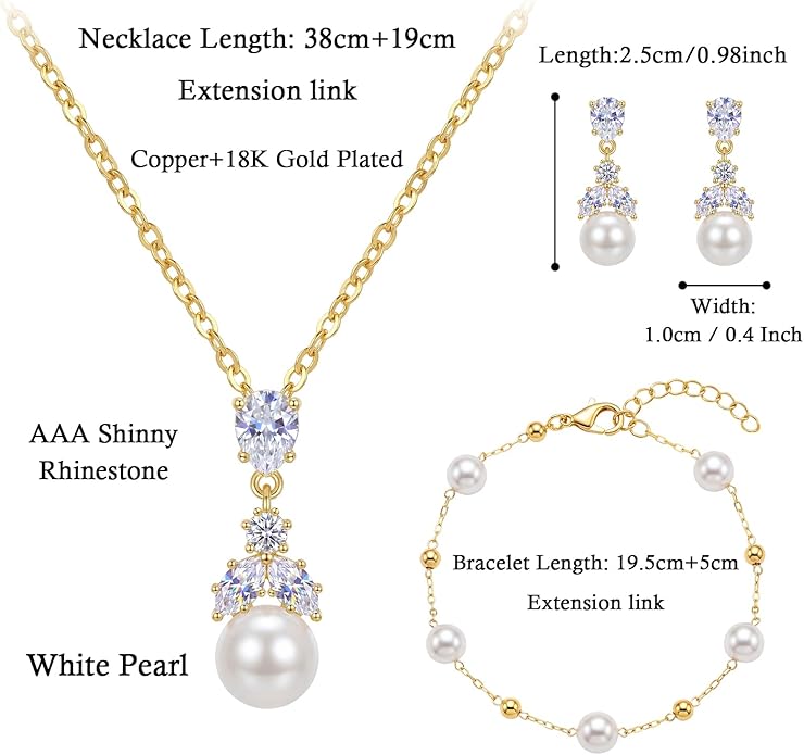 Hadskiss Wedding Jewelry Sets for Women/Brides/Bridesmaids, Cubic Zirconia Pearl Necklace Earrings Bracelet Set 18K Gold Plated Hypoallergenic Jewelry for Wedding Prom Party