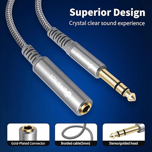 Devinal 1/4 inch Headphone Extension Cable, 6.35mm TRS Male to Female Stereo Cord, Quarter Inch Guitar Cable Extender, 15ft (4.5 Meters)
