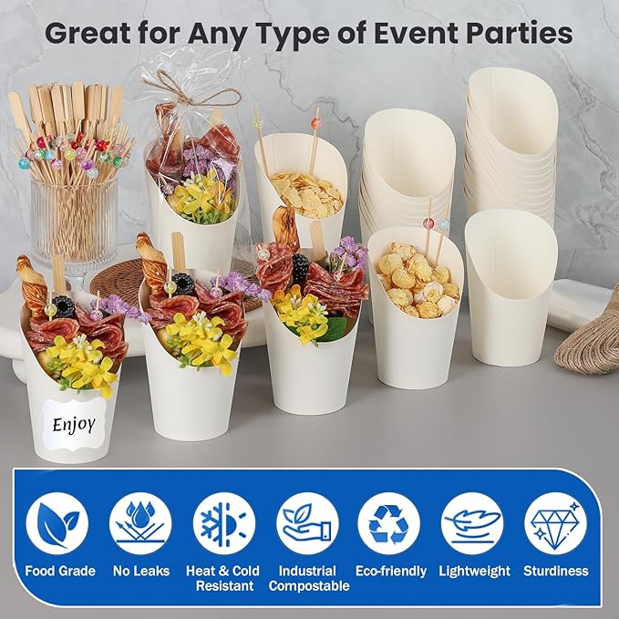 50 Pcs 14oz Paper White Charcuterie Cups with 200 Bamboo Sticks & 50 Clear Bags, Elegant Disposable Snack Cups for Weddings, Baby Showers, Picnics & Holiday Parties