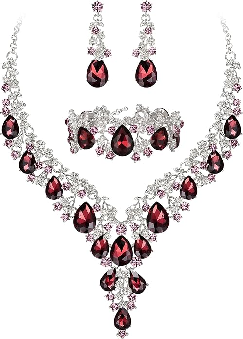 BriLove Women's Wedding Bridal Austrian Crystal Teardrop Flower Cluster Statement Necklace Dangle Earrings Jewelry Set for Party Prom