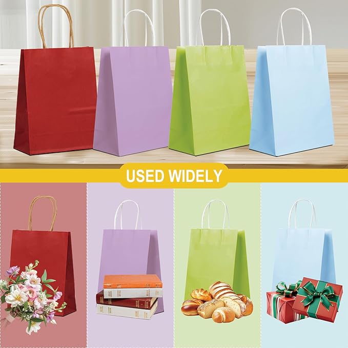 BAG BOX 100 Pack 8.25x4.3x10.6 Inch Green Gift Bags with Handles,Bulk Kraft Paper Bags for Shopping, Retail, Merchandise, Wedding, Party Favors, Paper Grocery Sacks