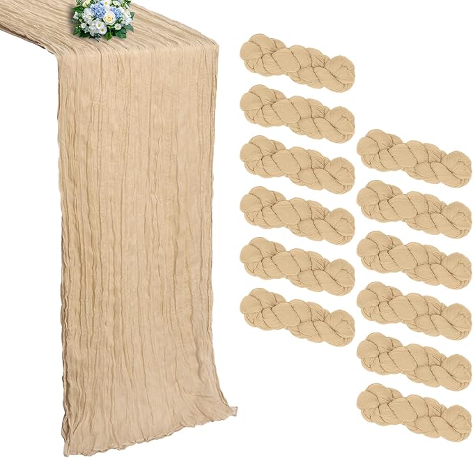 12 Pack Beige Cheesecloth Table Runner 10FT Boho Cheese Cloths Gauze Fabric Table Runners 120 Inch Rustic for Fall Thanksgiving Wedding Birthday Party Baby Shower Home Decorations