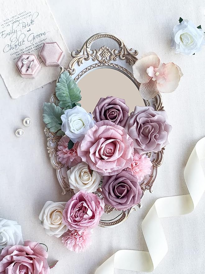 Roses Artificial Flowers Pink Bouquet Combo Box Set Fake Flower Bulk for DIY Bridal Wedding Shower Decorations Centerpieces for Table Faux Floral Arrangement for Party Home Decor Indoor