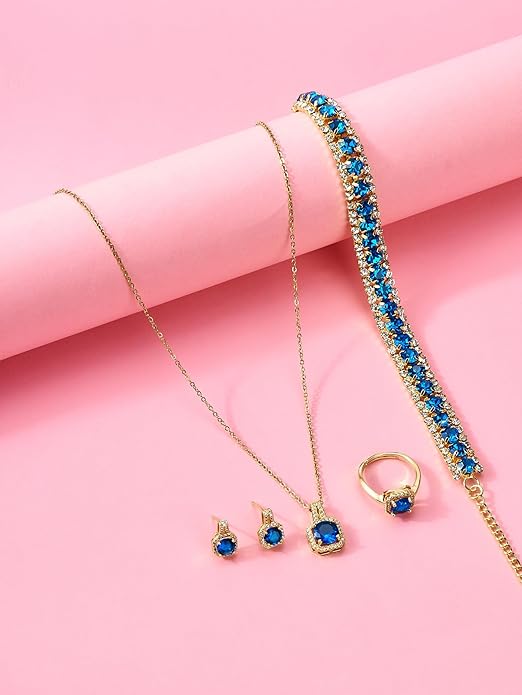 4pcs Cubic Zirconia Wedding Jewelry Sets for Bride Bridesmaid Cubic Zirconia Pendant Necklace Earrings Link Tennis Bracelet Open Ring Set for Women