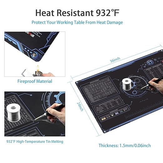 KooMall 36x24 Inch Anti Static Rubber Mat Kit for ESD Sensitive Electronic Device Repair, Soldering, PC Building, Assembly, Table Work, With Grounding Plug Cord, Antistatic Wrist Strap, Heat Resistant