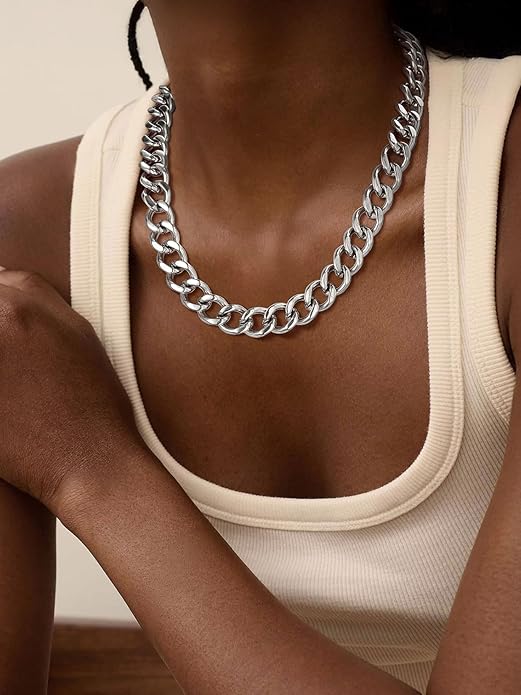 ChainsPro Cuban Link Chain for Women,Stainless Steel Chunky Necklace Silver/Gold Plated Thick Chain Choker, 12/16/20 mm Width,18" and 20" Punk Hip Hop Trendy Non Tarnish Jewelry Gifts