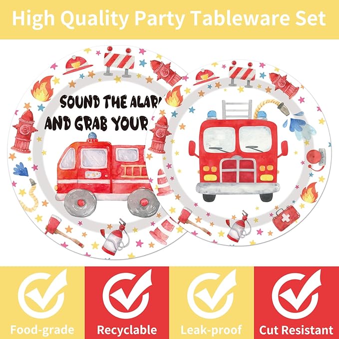 Firetruck Birthday Party Decorations - 96PCS Fire Truck Plates and Napkins Party Supplies Firefighter Birthday Decorations Fireman Themed Disposable Tableware Set Serve 24 Guests