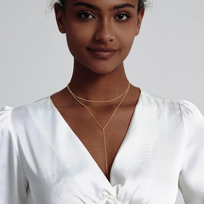 Gold Necklace for Women Trendy Lariat Y Necklace Dainty 14k Gold Plated/Silver Long Necklaces for Women Layered Beaded Drop Necklaces Simple Y-Shaped Chain Jewelry Gifts