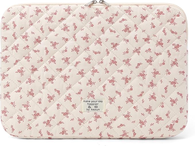 Puffy Laptop Sleeve 13-15.6 Inch Cute Quilted Laptop Protective Case Padded Floral Computer Sleeve for MacBook (A-Pink, 15 Inch)