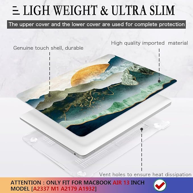 CISSOOK Mountain Case for MacBook Air 13 inch 2020 2021 2019 2018 Release Model A2337 M1 A2179 A1932 with Touch ID, Plastic Sunshine and Mountain Scenery Cover for MacBook Air 13" with Keyboard Cover